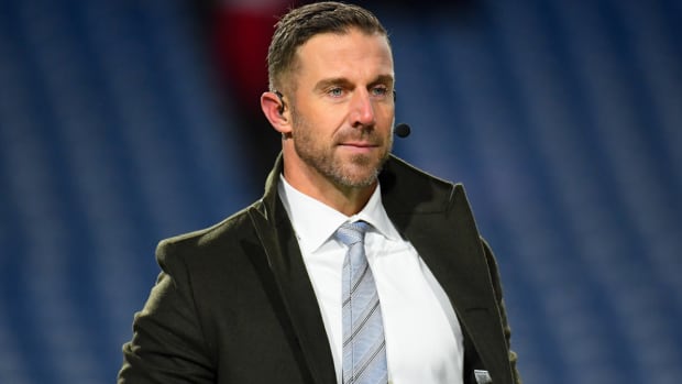 Dec 6, 2021; Orchard Park, New York, USA; ESPN analyst Alex Smith prior to the game between the New England Patriots and the Buffalo Bills at Highmark Stadium. Mandatory Credit: Rich Barnes-USA TODAY Sports